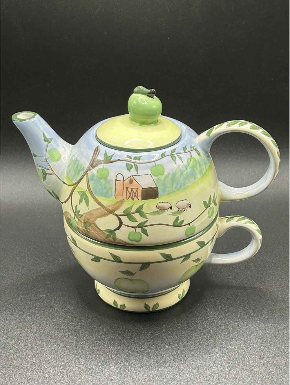 Vintage 3 pcs Mesa International Handcrafted Green Apple Teapot 1990’s